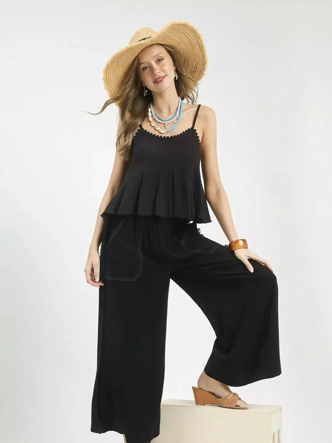 Umgee Black Horizon Linen Frayed Side Pocket Wide Leg Pants-Women's Pants-Shop Z & Joxa