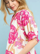 Umgee Bloomburst Pink Floral V-Neck Puff Sleeve Blouse-Women's Shirts & Tops-Shop Z & Joxa