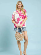 Umgee Bloomburst Pink Floral V-Neck Puff Sleeve Blouse-Women's Shirts & Tops-Shop Z & Joxa