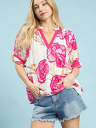 Umgee Bloomburst Pink Floral V-Neck Puff Sleeve Blouse-Women's Shirts & Tops-Shop Z & Joxa