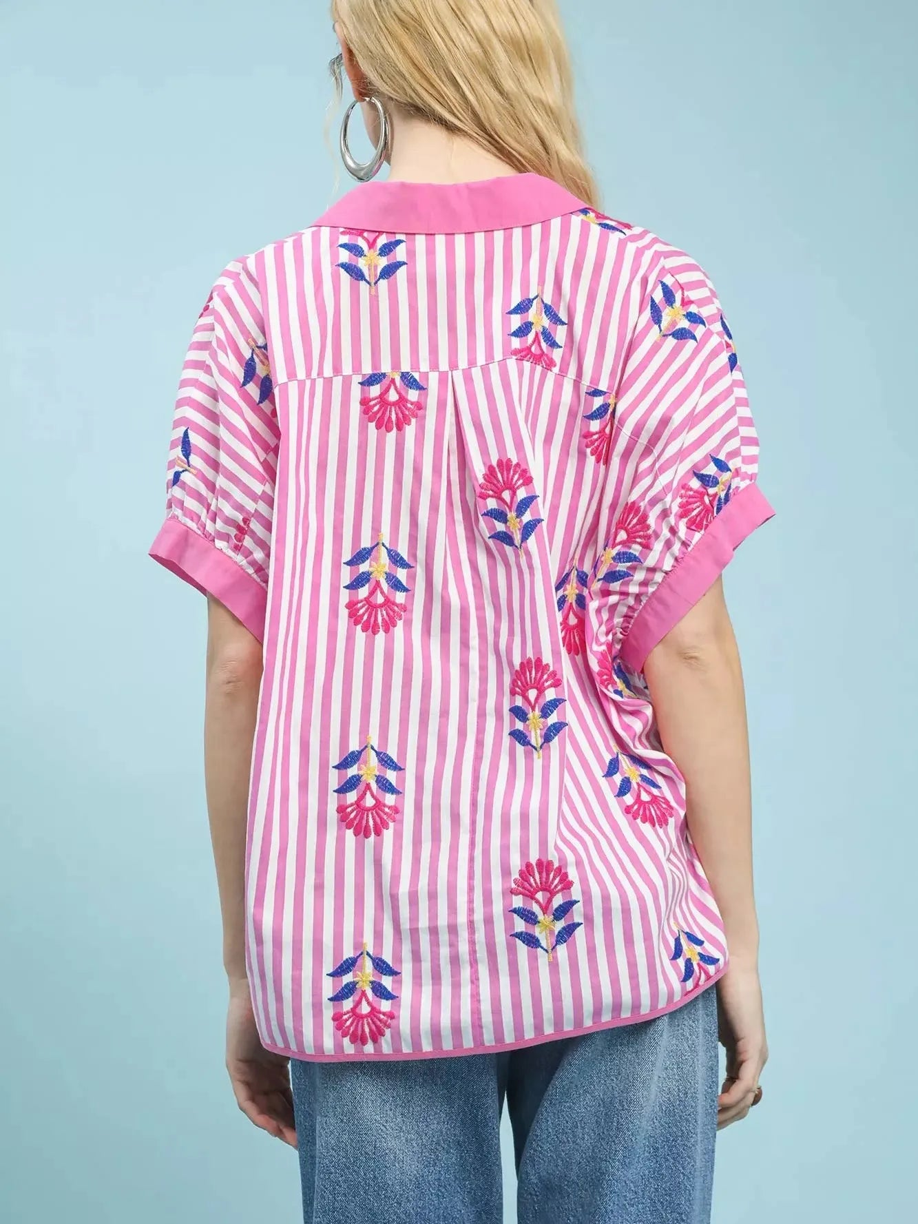 Umgee Blossom Lines Stripe Floral Embroidered Boho Blouse-Women's Shirts & Tops-Shop Z & Joxa