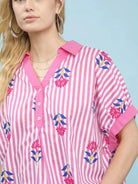 Umgee Blossom Lines Stripe Floral Embroidered Boho Blouse-Women's Shirts & Tops-Shop Z & Joxa