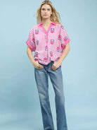 Umgee Blossom Lines Stripe Floral Embroidered Boho Blouse-Women's Shirts & Tops-Shop Z & Joxa