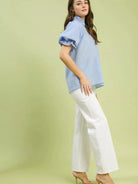 Umgee Blue Darling Textured Puff Sleeve Split Neck Top-Women's Shirts & Tops-Shop Z & Joxa