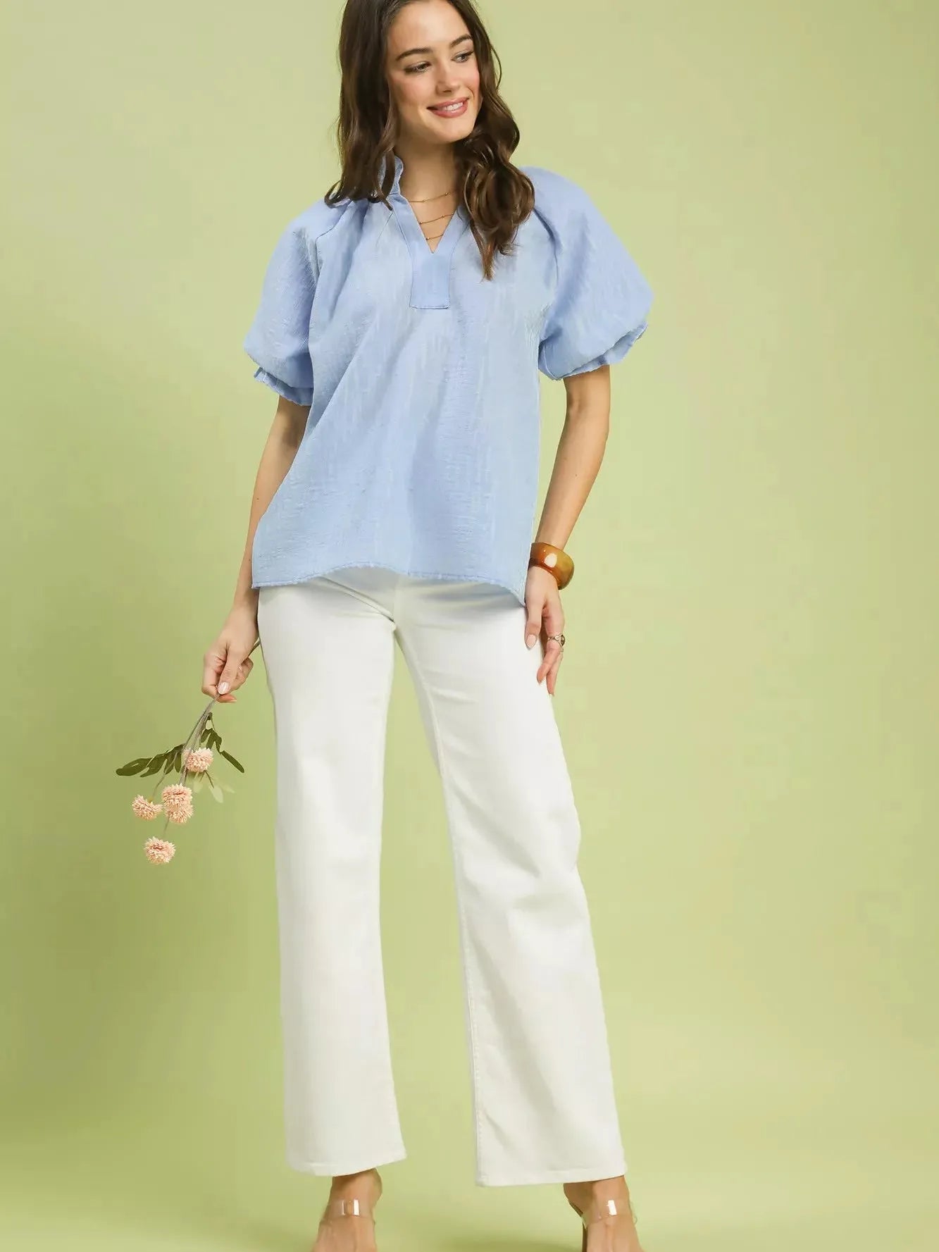 Umgee Blue Darling Textured Puff Sleeve Split Neck Top-Women's Shirts & Tops-Shop Z & Joxa