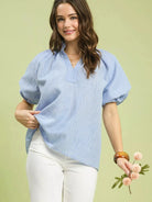 Umgee Blue Darling Textured Puff Sleeve Split Neck Top-Women's Shirts & Tops-Shop Z & Joxa