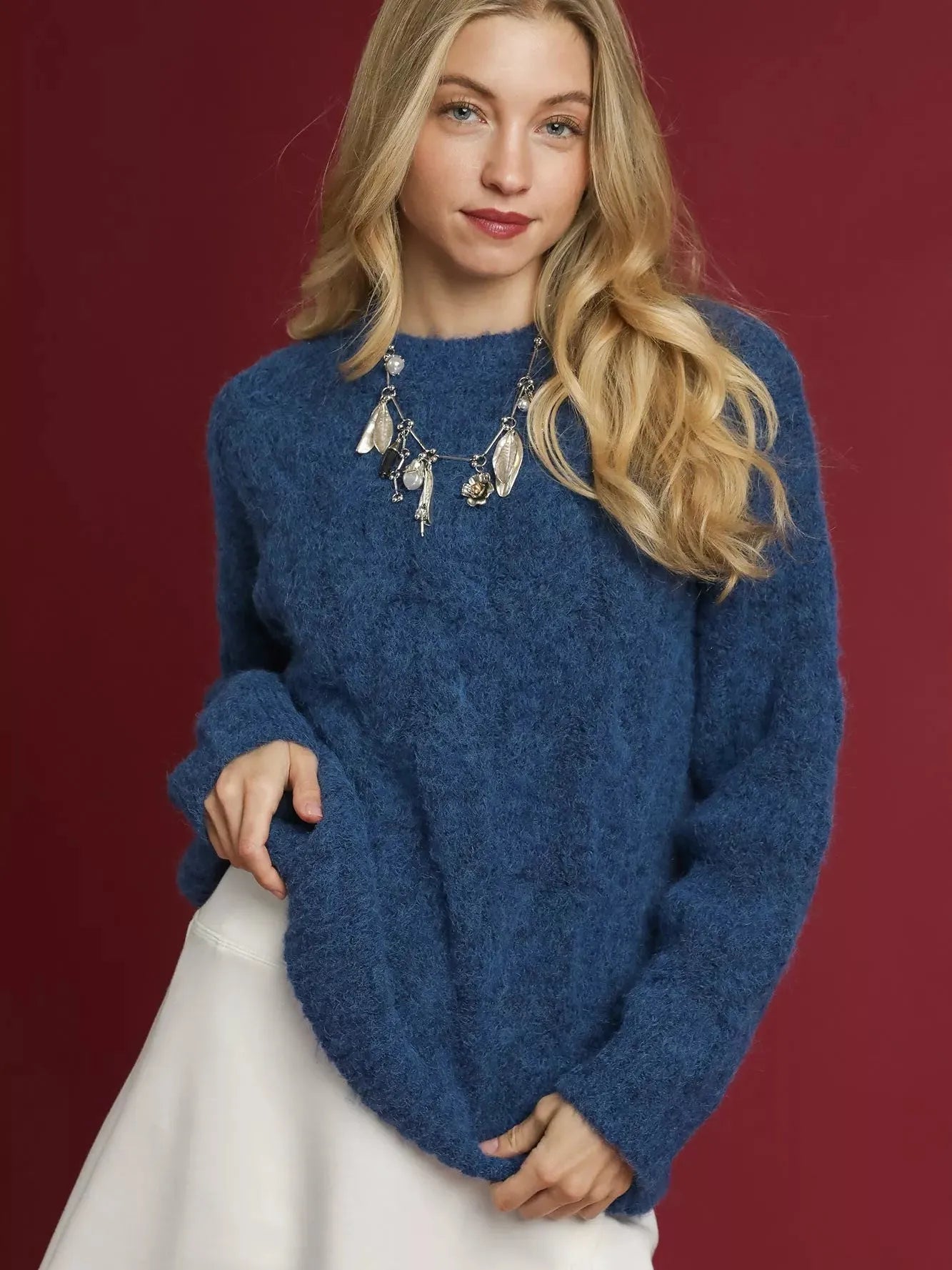 Umgee Blue Haze Cozy Cable Knit Sweater-Women's Shirts & Tops-Shop Z & Joxa