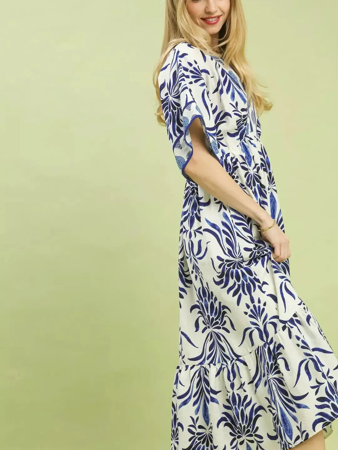 Umgee Blue Meadow Floral Mix Midi Dress with Pockets-Women's Dresses-Shop Z & Joxa