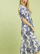 Umgee Blue Meadow Floral Mix Midi Dress with Pockets-Women's Dresses-Shop Z & Joxa