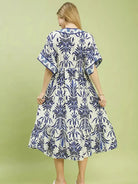 Umgee Blue Meadow Floral Mix Midi Dress with Pockets-Women's Dresses-Shop Z & Joxa