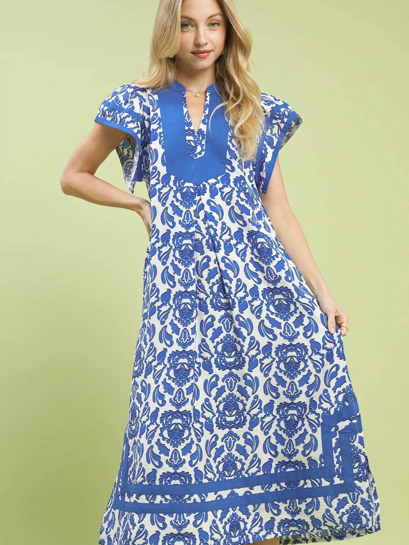 Umgee Blue Mirage Abstract Two Tone Print Midi Dress-Women's Dresses-Shop Z & Joxa