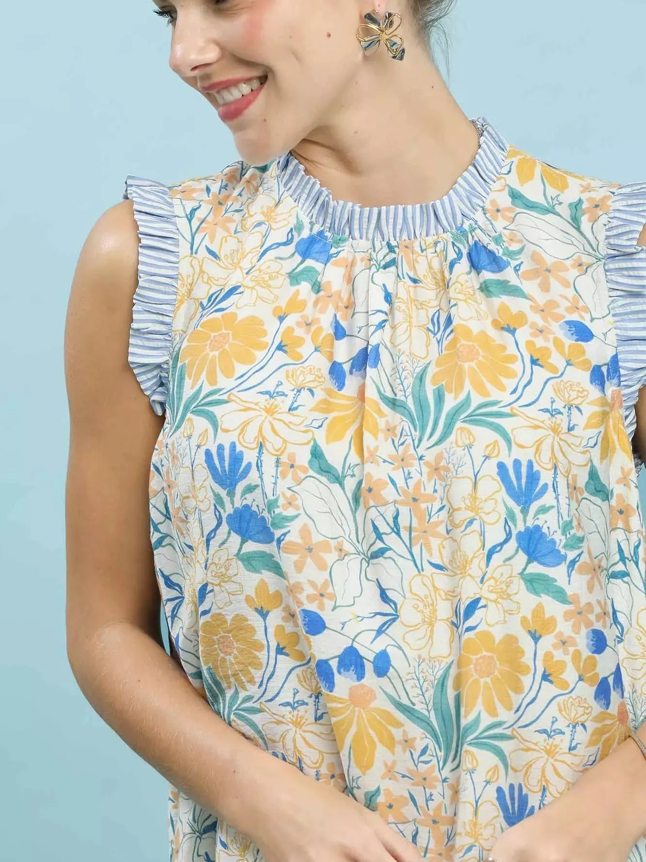 Umgee Blue Skies & Buttercups Floral Print Babydoll Dress-Women's Dresses-Shop Z & Joxa