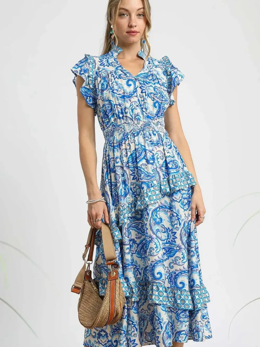 Umgee Bluebell Dream Paisley Print Ruffle Sleeve Midi Dress-Women's Dresses-Shop Z & Joxa
