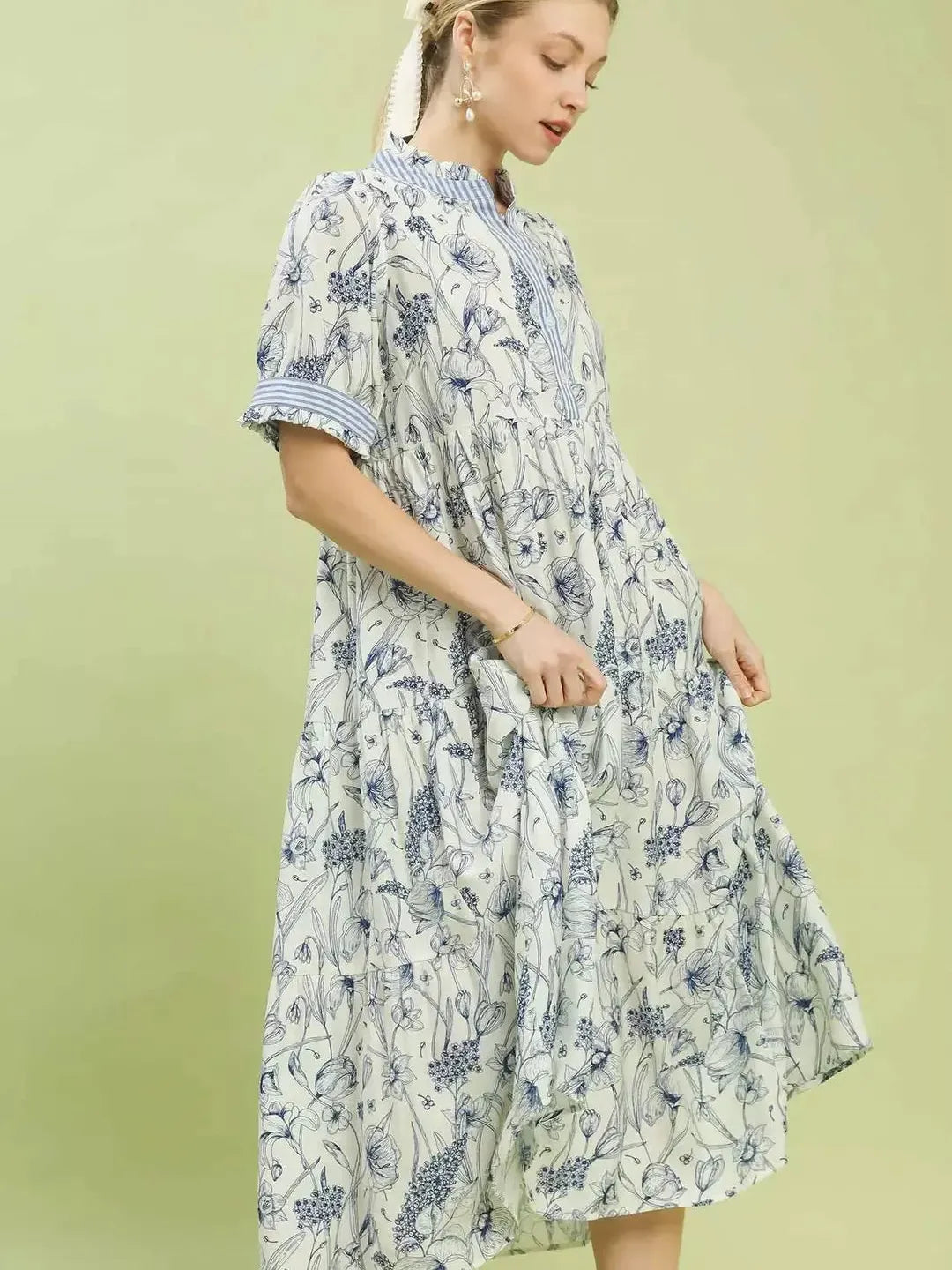 Umgee Bluebell Reverie Floral Tiered Midi Dress with Ruffles-Women's Dresses-Shop Z & Joxa