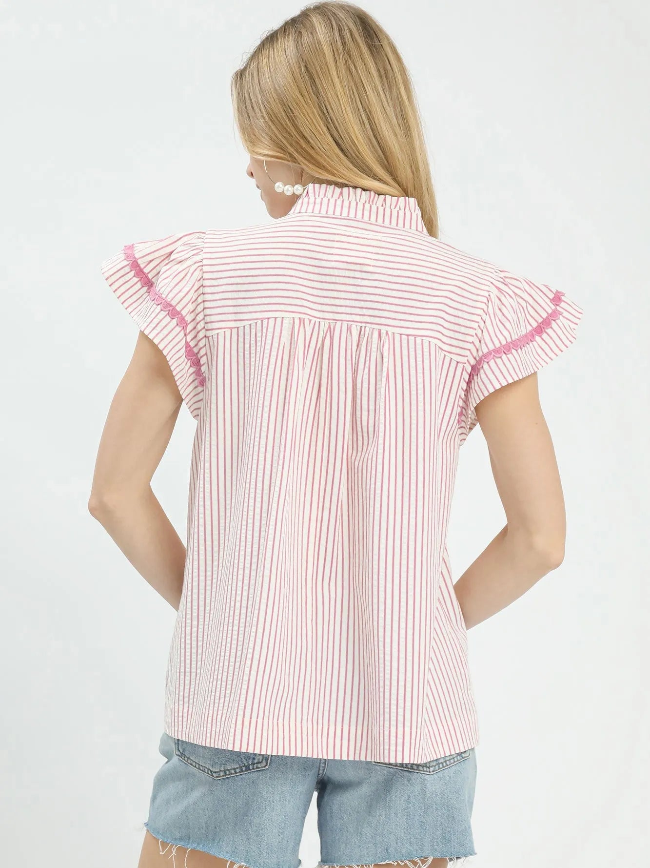 Umgee Blushing Lines Pink Stripe Flutter Sleeve Top-Women's Shirts & Tops-Shop Z & Joxa