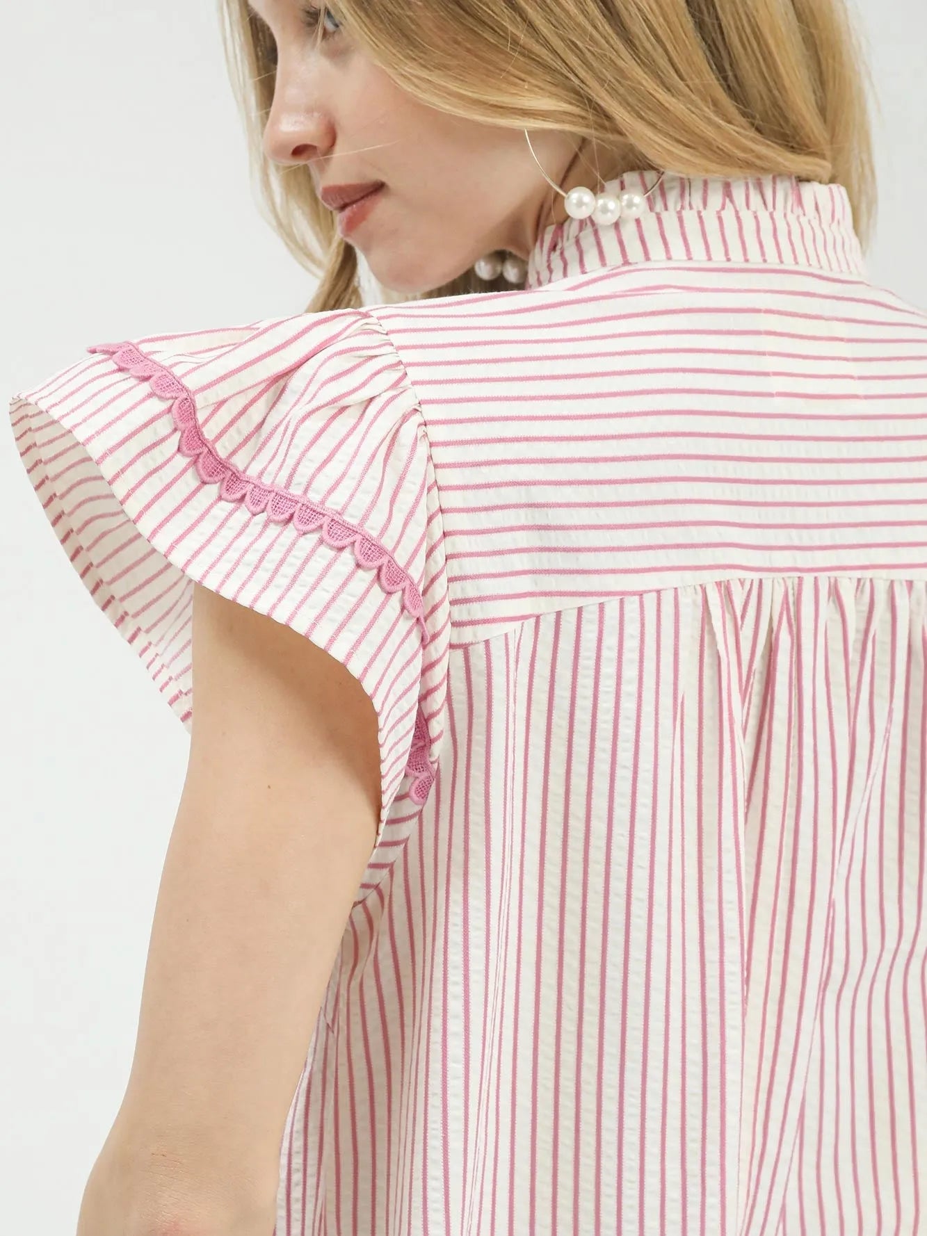 Umgee Blushing Lines Pink Stripe Flutter Sleeve Top-Women's Shirts & Tops-Shop Z & Joxa