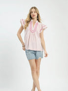Umgee Blushing Lines Pink Stripe Flutter Sleeve Top-Women's Shirts & Tops-Shop Z & Joxa