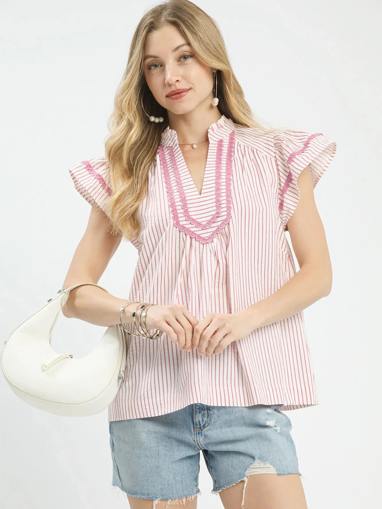 Umgee Blushing Lines Pink Stripe Flutter Sleeve Top-Women's Shirts & Tops-Shop Z & Joxa
