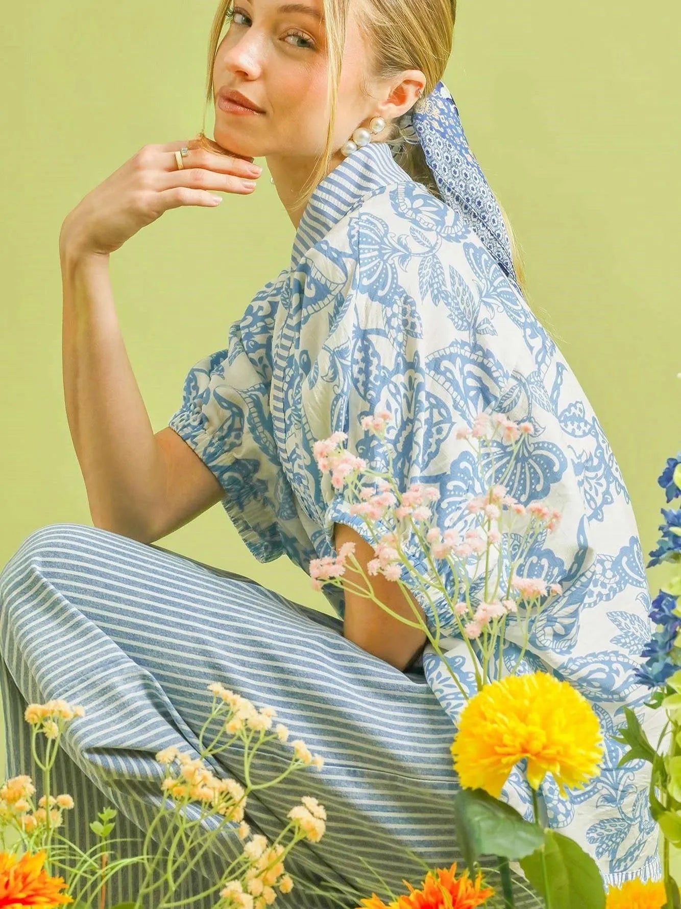 Umgee Botanical Bay Mixed Floral Tunic Top with Stripe Trim-Women's Shirts & Tops-Shop Z & Joxa