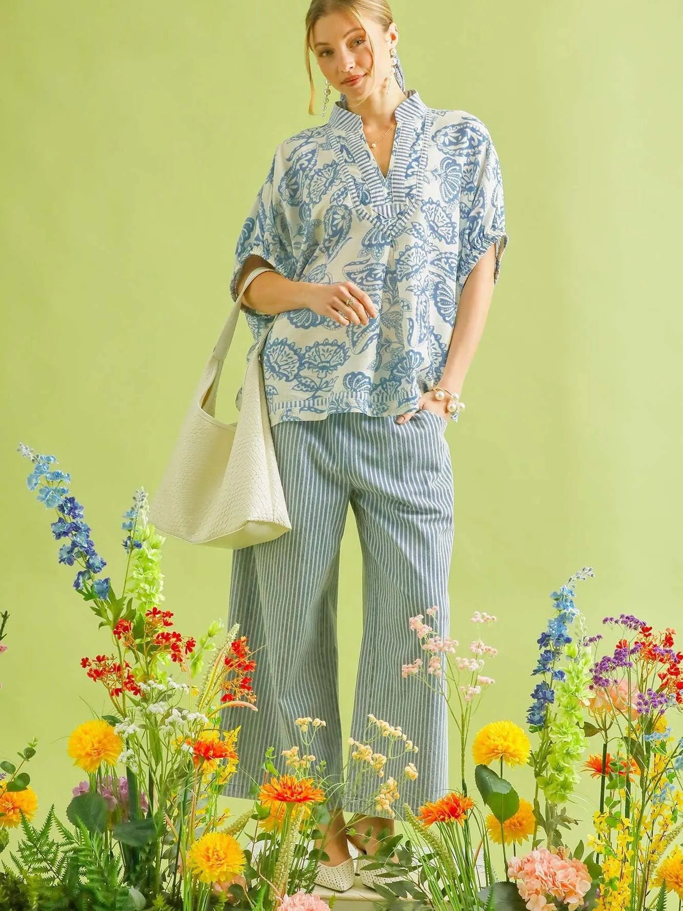 Umgee Botanical Bay Mixed Floral Tunic Top with Stripe Trim-Women's Shirts & Tops-Shop Z & Joxa