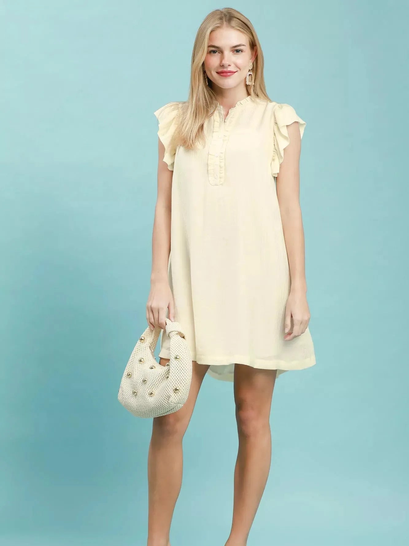 Umgee Butter Cream Henley Ruffle Sleeve Shift Mini Dress-Women's Dresses-Shop Z & Joxa