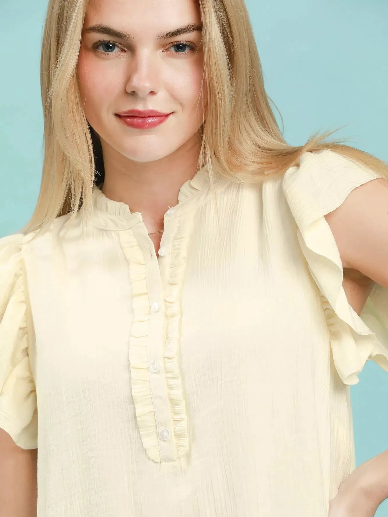 Umgee Butter Cream Henley Ruffle Sleeve Shift Mini Dress-Women's Dresses-Shop Z & Joxa