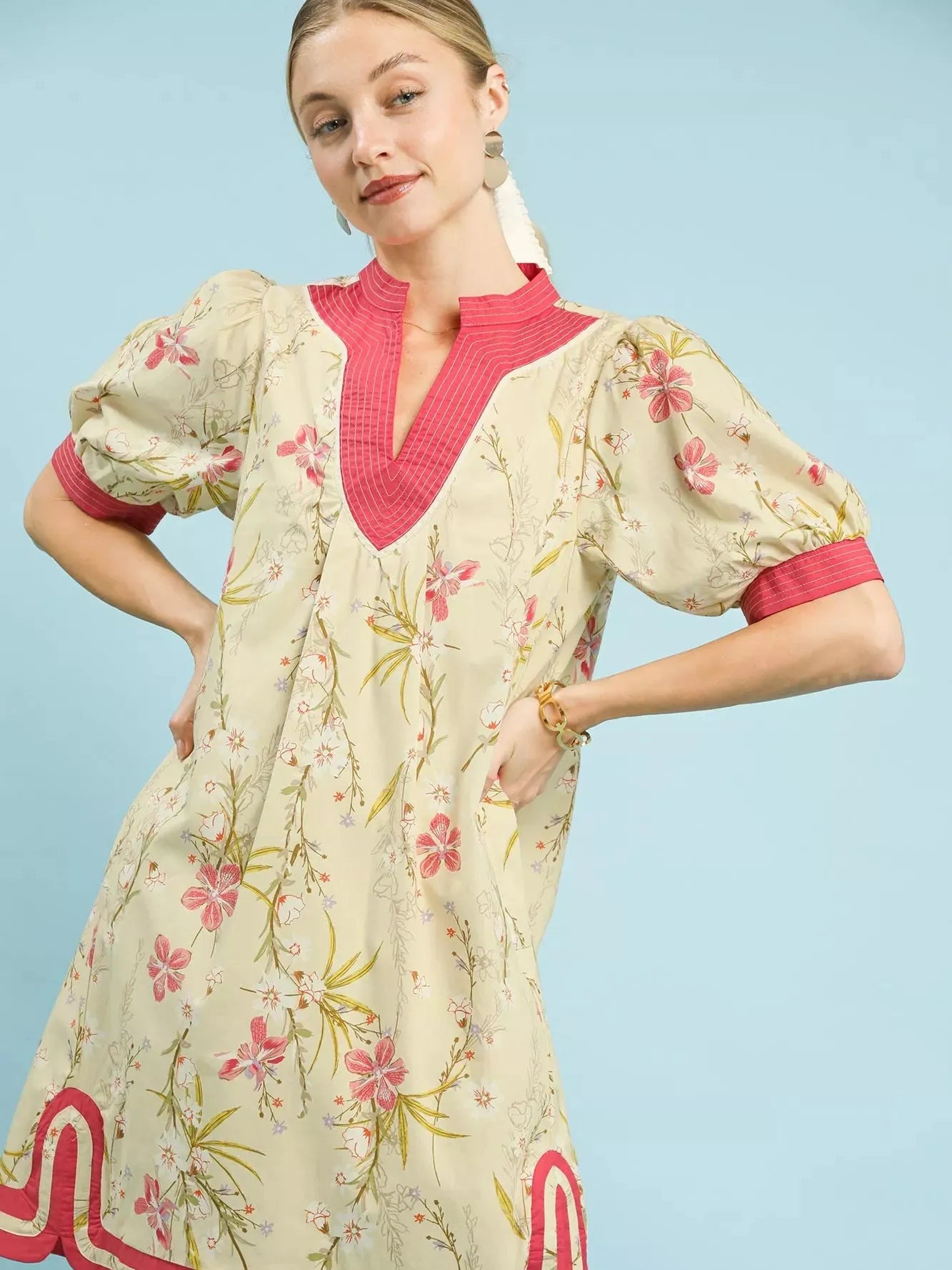 Umgee Butter Me Up Floral Puff Sleeve Dress with Pink Trim-Women's Dresses-Shop Z & Joxa