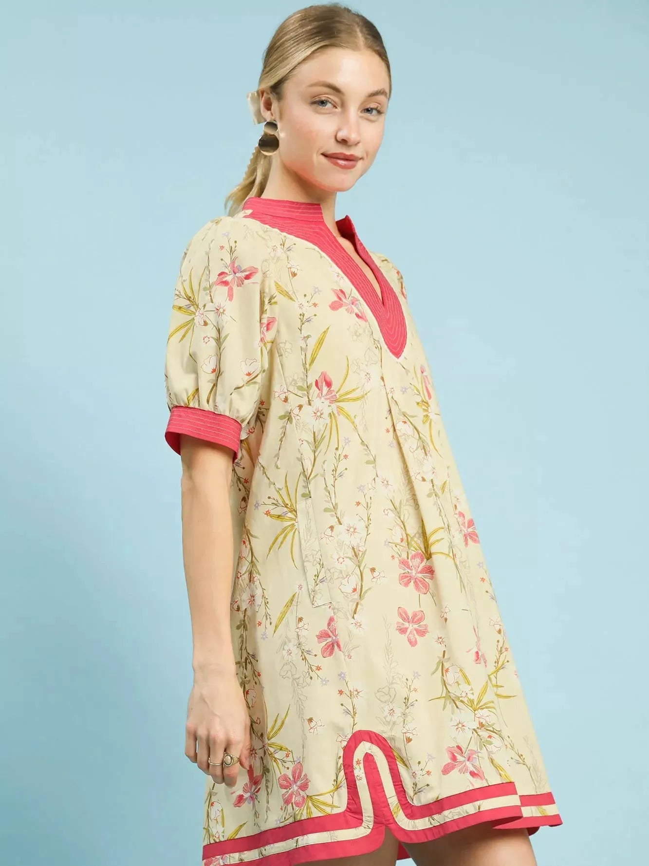 Umgee Butter Me Up Floral Puff Sleeve Dress with Pink Trim-Women's Dresses-Shop Z & Joxa