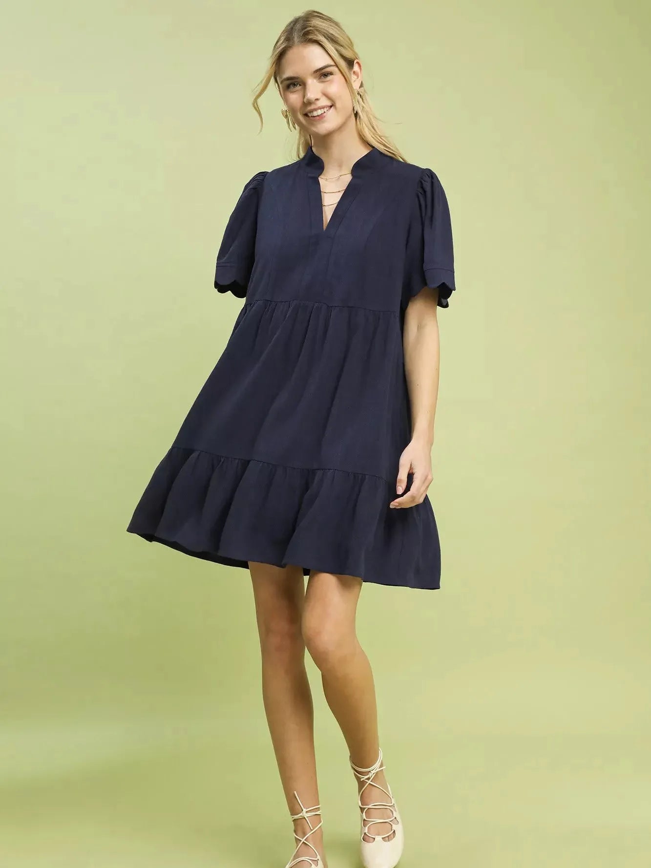 Umgee Celestial Tier Linen Scalloped Sleeves Babydoll Dress-Women's Dresses-Shop Z & Joxa