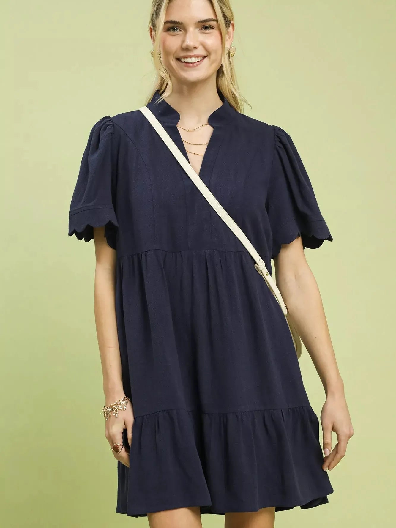 Umgee Celestial Tier Linen Scalloped Sleeves Babydoll Dress-Women's Dresses-Shop Z & Joxa