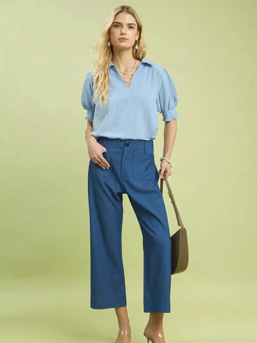 Umgee Chambray Coast Wide Leg Crop Pants with Front Pockets-Women's Pants-Shop Z & Joxa