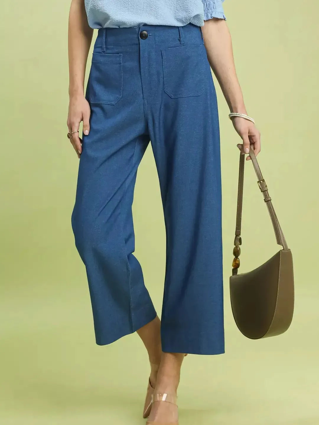 Umgee Chambray Coast Wide Leg Crop Pants with Front Pockets-Women's Pants-Shop Z & Joxa