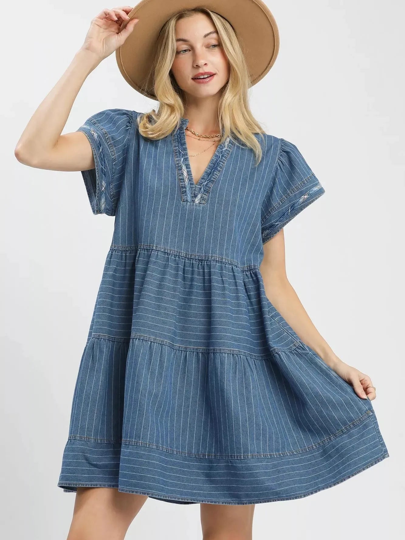 Umgee Chambray Daydream Striped Denim Babydoll Dress-Women's Dresses-Shop Z & Joxa