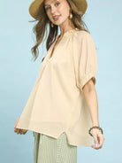 Umgee Chevron Chic V-Neck Short Sleeve Blouse in Soft Cream-Women's Shirts & Tops-Shop Z & Joxa