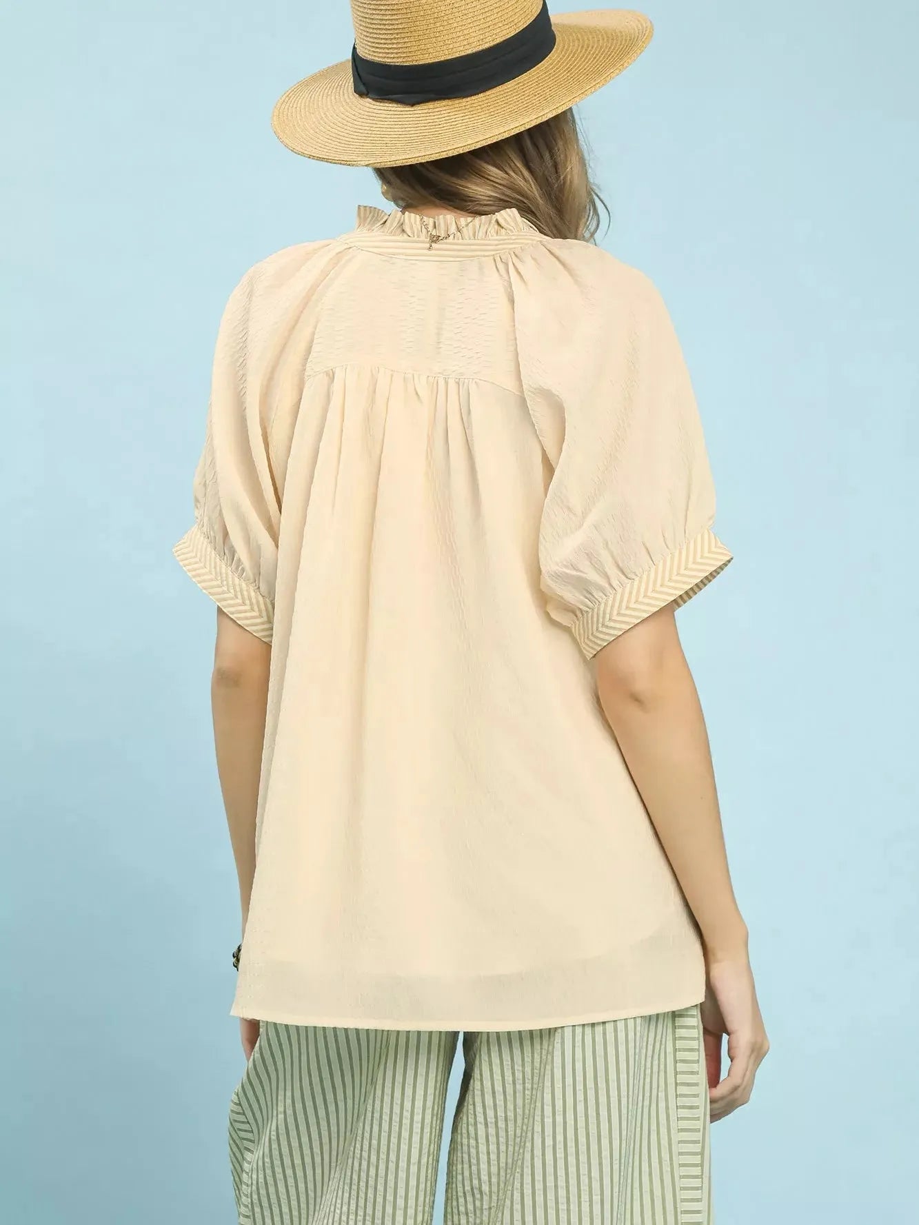Umgee Chevron Chic V-Neck Short Sleeve Blouse in Soft Cream-Women's Shirts & Tops-Shop Z & Joxa