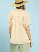 Umgee Chevron Chic V-Neck Short Sleeve Blouse in Soft Cream-Women's Shirts & Tops-Shop Z & Joxa