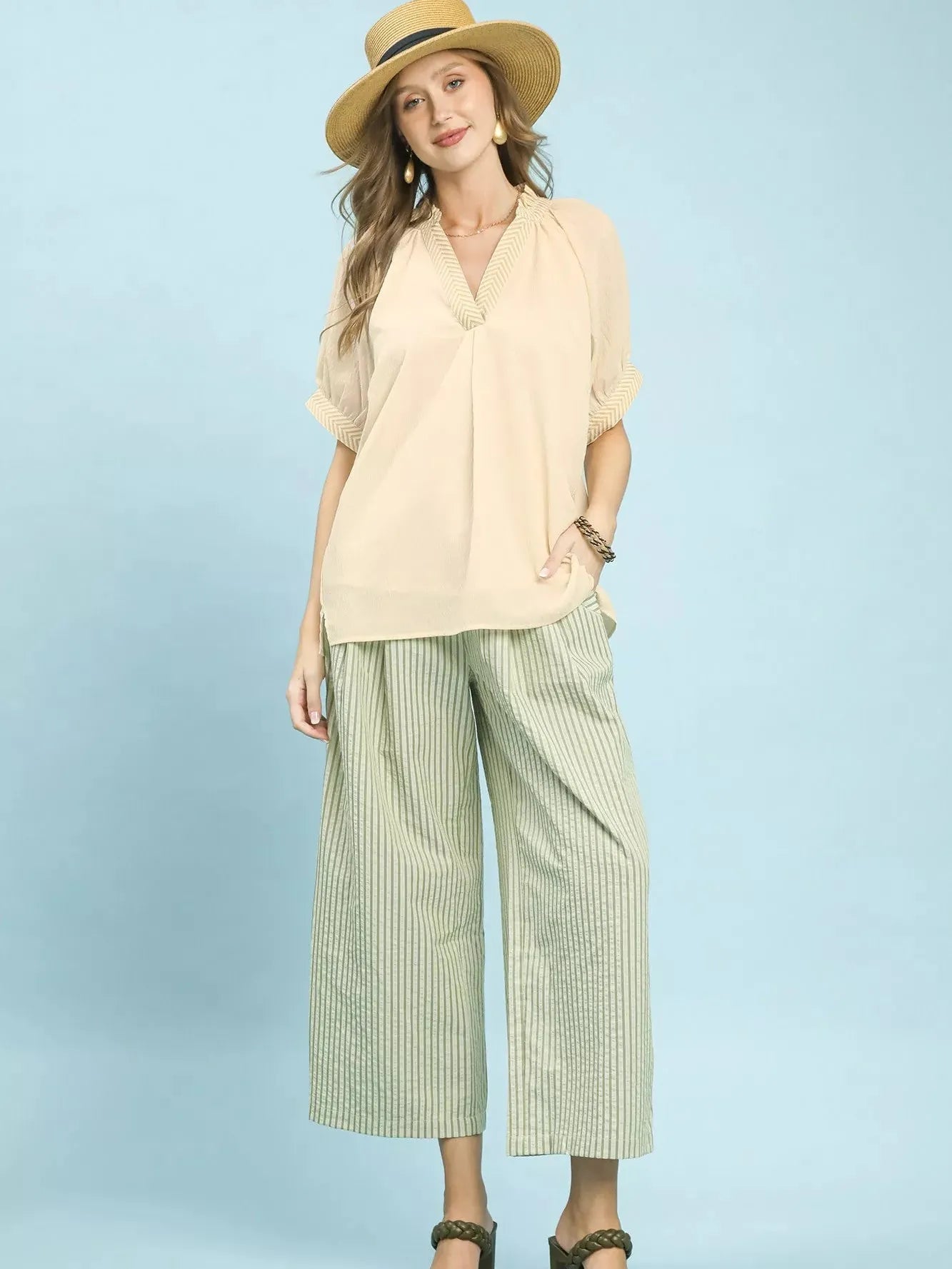 Umgee Chevron Chic V-Neck Short Sleeve Blouse in Soft Cream-Women's Shirts & Tops-Shop Z & Joxa