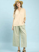 Umgee Chevron Chic V-Neck Short Sleeve Blouse in Soft Cream-Women's Shirts & Tops-Shop Z & Joxa