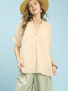 Umgee Chevron Chic V-Neck Short Sleeve Blouse in Soft Cream-Women's Shirts & Tops-Shop Z & Joxa