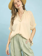 Umgee Chevron Chic V-Neck Short Sleeve Blouse in Soft Cream-Women's Shirts & Tops-Shop Z & Joxa