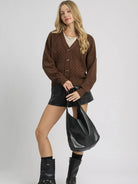 Umgee Chocolate Charm Chunky Cable Knit V-Neck Cardigan-Women's Shirts & Tops-Shop Z & Joxa