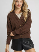 Umgee Chocolate Charm Chunky Cable Knit V-Neck Cardigan-Women's Shirts & Tops-Shop Z & Joxa