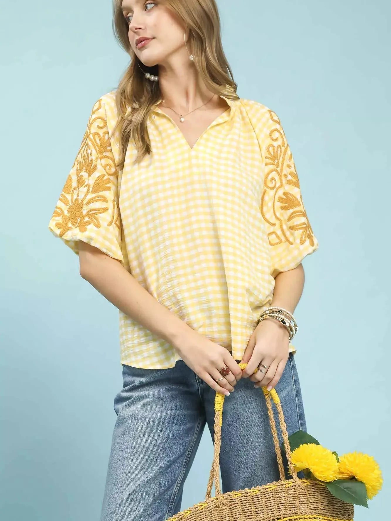 Umgee Citrus Bloom Embroidered Balloon Sleeve Gingham Blouse-Women's Shirts & Tops-Shop Z & Joxa