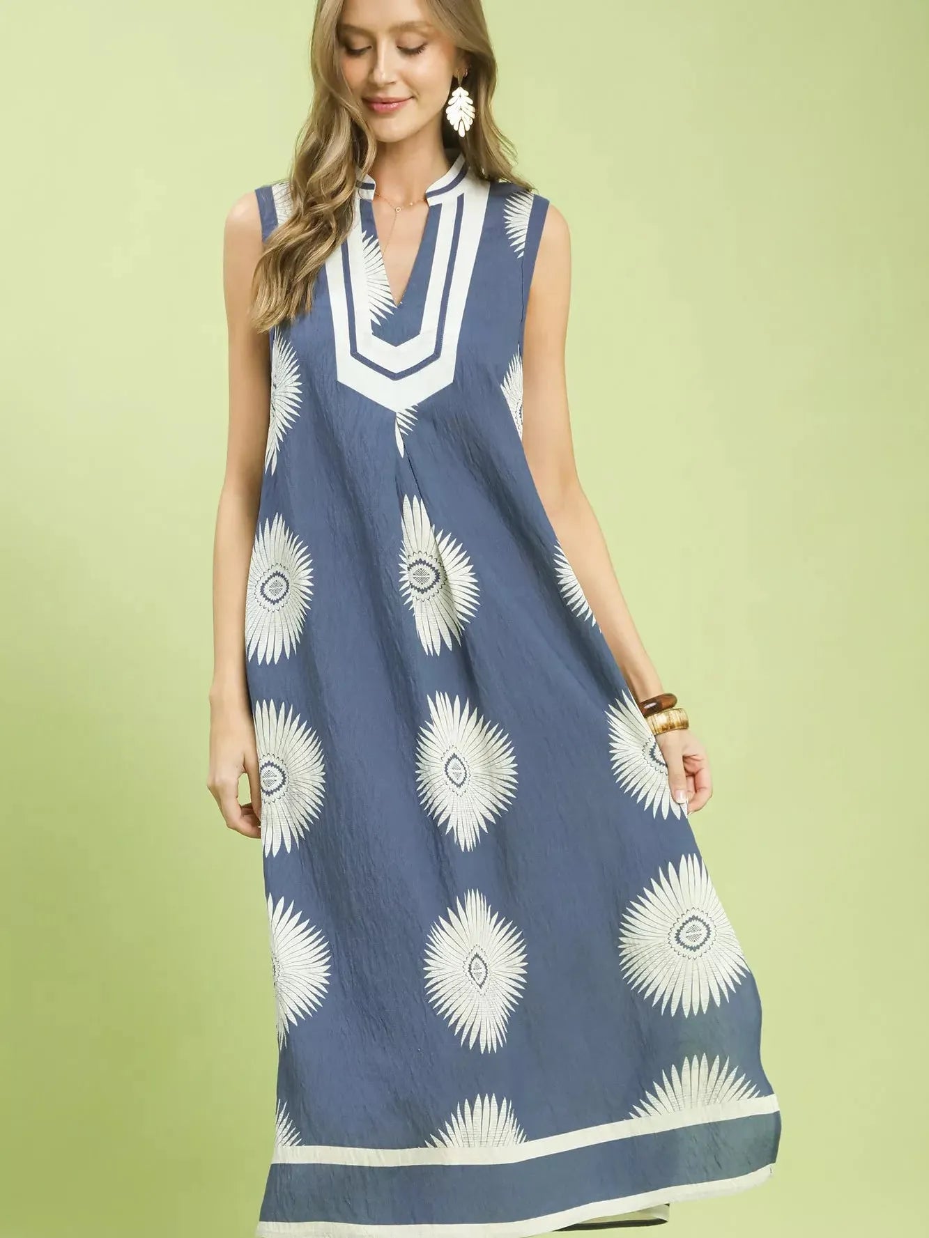 Umgee Coastal Blueprint Sleeveless Geometric Midi Dress-Women's Dresses-Shop Z & Joxa