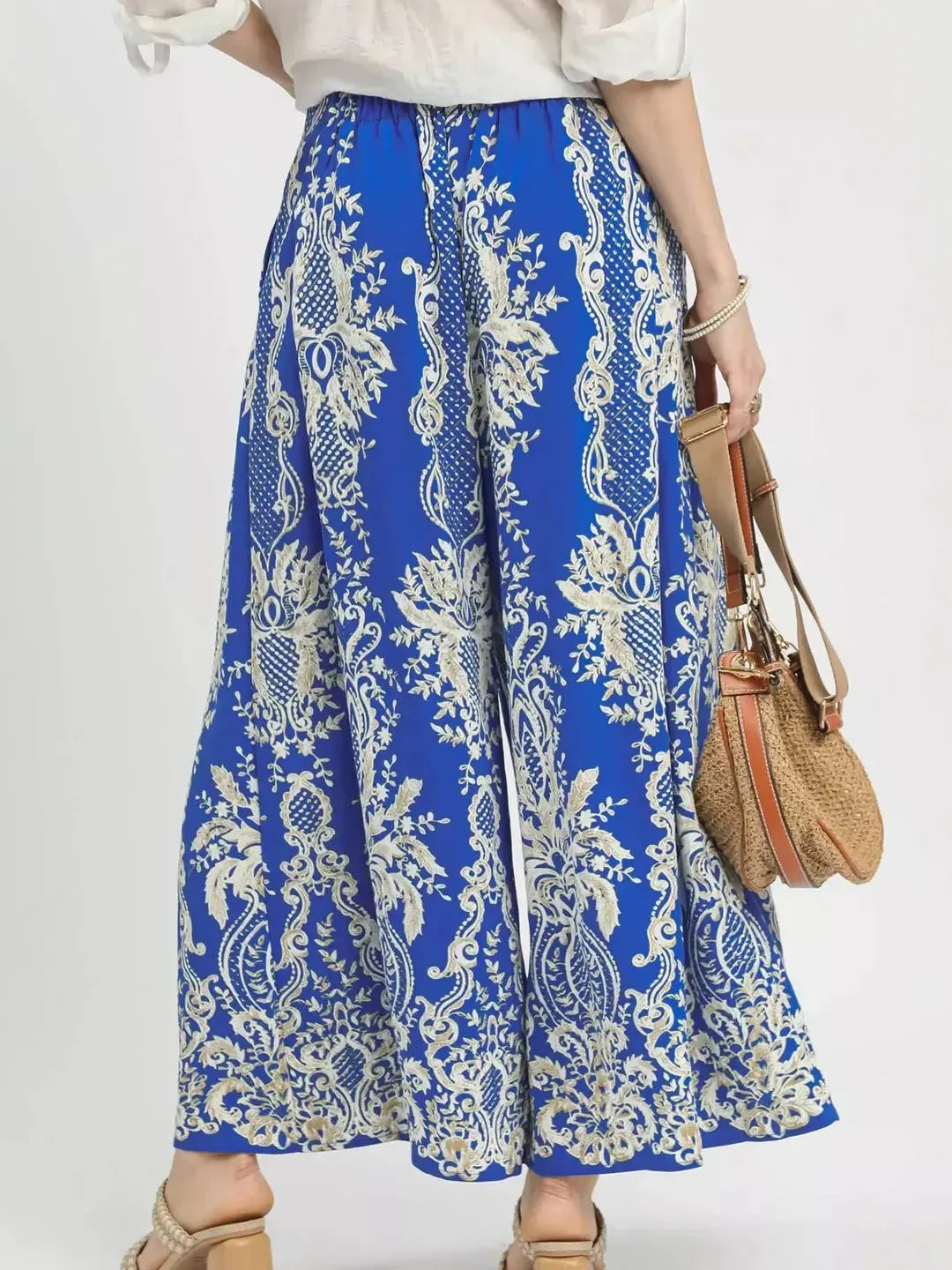 Umgee Coastal Frame Blue Border Print Wide Leg Pants-Women's Pants-Shop Z & Joxa