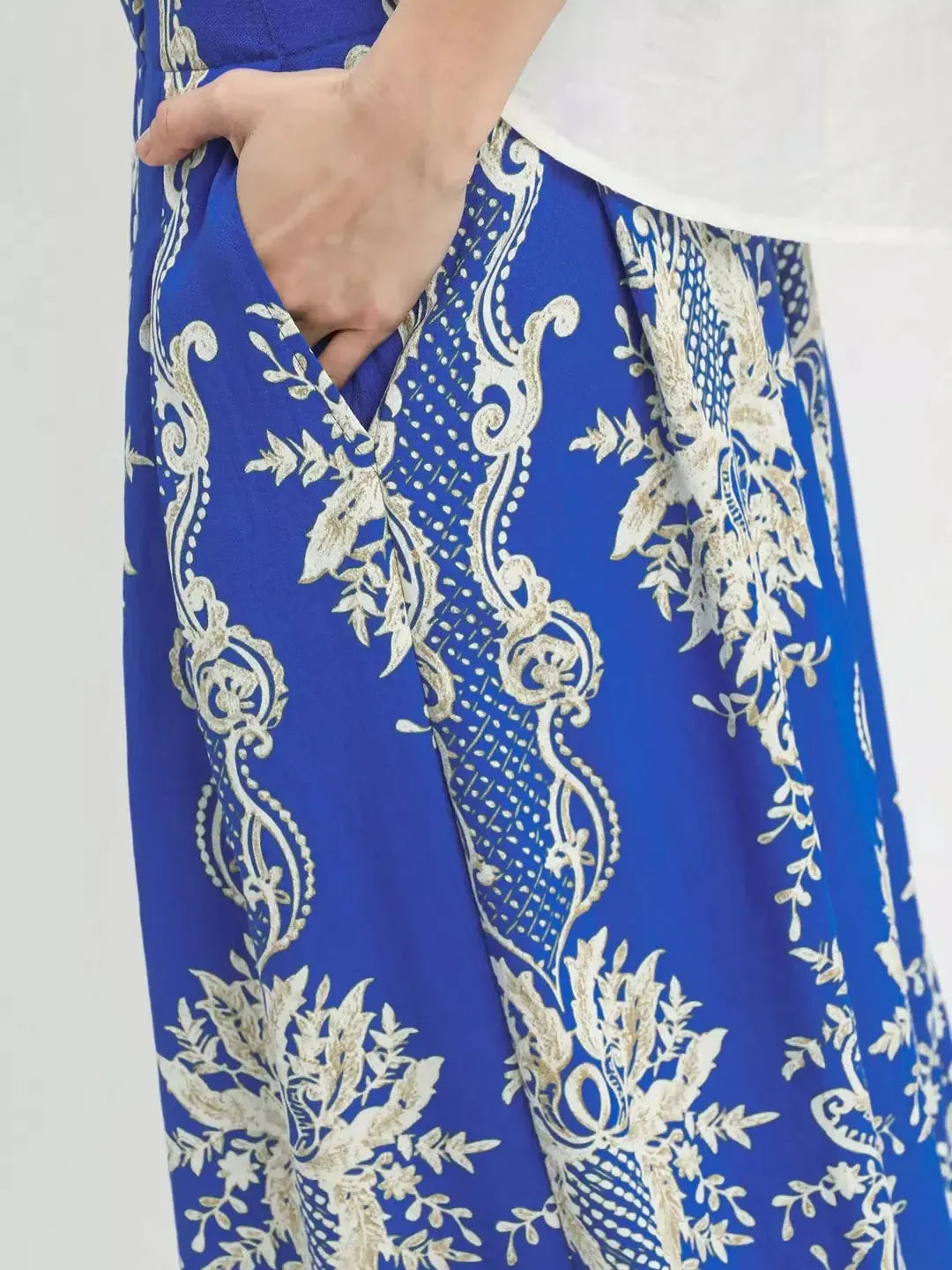 Umgee Coastal Frame Blue Border Print Wide Leg Pants-Women's Pants-Shop Z & Joxa