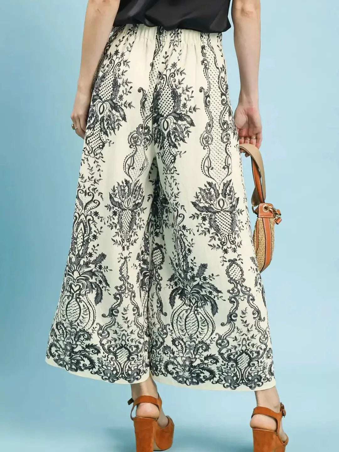 Umgee Coastal Frame Ecru Border Print Wide Leg Pants-Women's Pants-Shop Z & Joxa