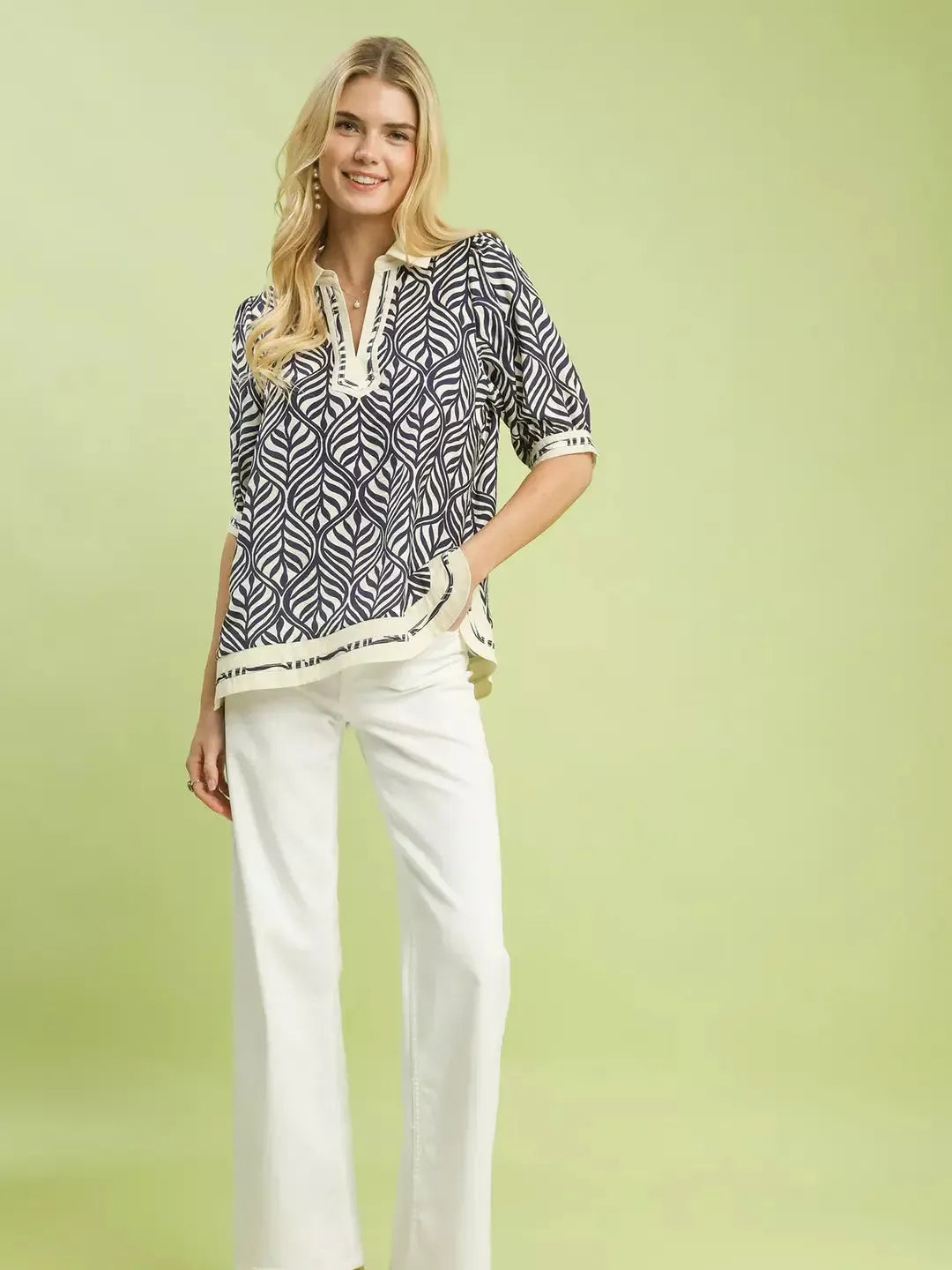 Umgee Coastal Geometry Leaf Print Popover Blouse-Women's Shirts & Tops-Shop Z & Joxa