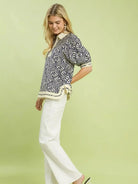 Umgee Coastal Geometry Leaf Print Popover Blouse-Women's Shirts & Tops-Shop Z & Joxa