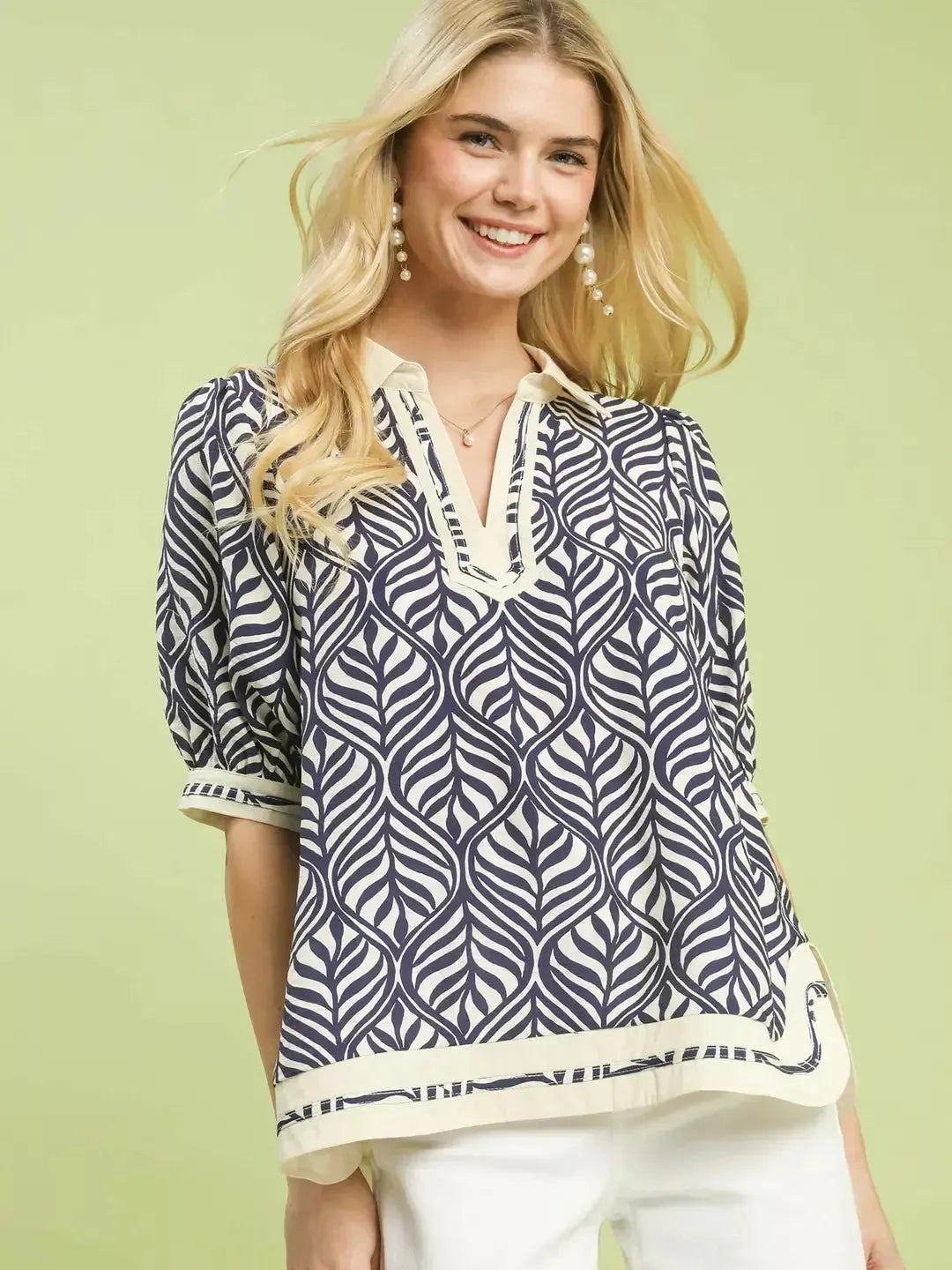 Umgee Coastal Geometry Leaf Print Popover Blouse-Women's Shirts & Tops-Shop Z & Joxa